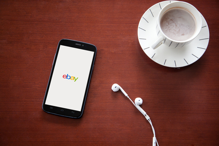 Bangkok,thailand - June 11, 2016: iPhone opened to Ebay homepage. Ebay, an online auction and shopping site, was founded in 1995.のeditorial素材