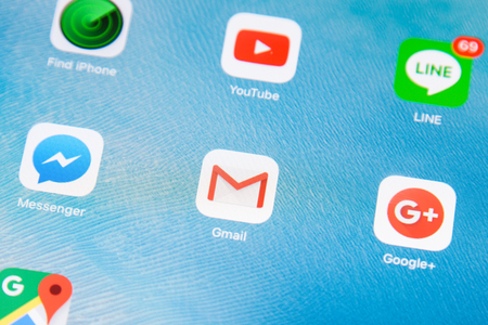Bangkok, Thailand - May 28,2016: SmartPhone with Google Gmail app logo on the display. Gmail is a most popular free Internet e-mail service provided by Google.のeditorial素材