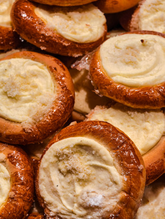 Close up of traditional homemade cinnamon buns with butter and sugar.の写真素材