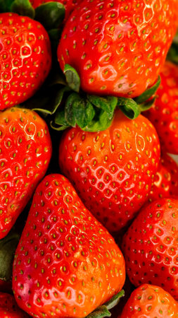 Strawberries background. Fresh strawberries close up. Macro photo of a gorgeous ripe strawberry.の写真素材