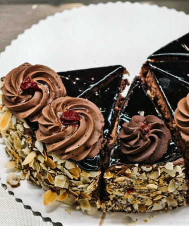 Chocolate cake with almond and cherry on top. Selective focus.