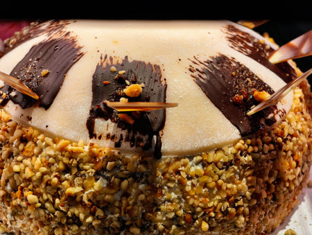 Chocolate-Glazed Cake with Crunchy Nut Topping Decadent Dessert Professional Food Photography...