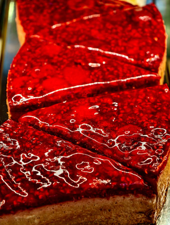 Red Mirror Glaze Cake Raspberry Chocolate Entremet Professional Dessert Photography Gourmet Patisserie Modern Cake Design Restaurant Menu Premium Pastriesの写真素材