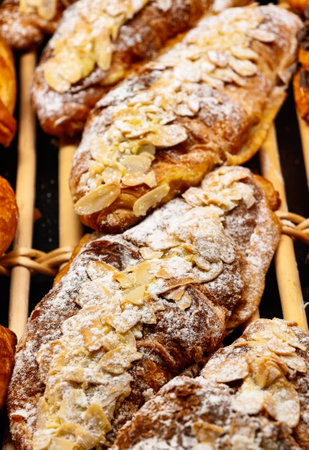Almond Croissants French Pastries Powdered Sugar Toasted Almonds Professional Bakery Photography Breakfast Menu Fresh Baked Pastries Gourmet Patisserie Flaky Layers Artisan Bakingの写真素材