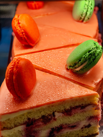 French Macarons Cake Slice Pink Mirror Glaze Pistachio Macarons Professional Pastry Photography Gourmet Dessert Restaurant Menu Elegant Patisserie Premium Bakeryの写真素材