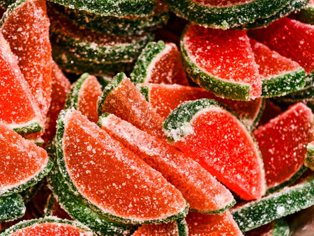 Fruit jelly candies in the shape of a watermelon.