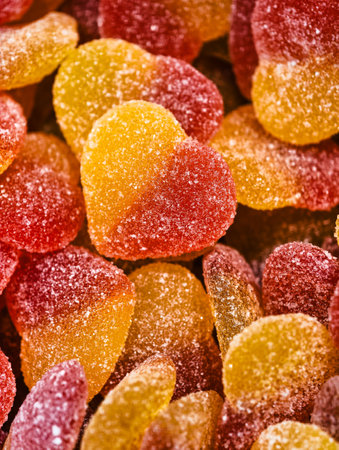 Close up of colorful fruit jelly candies. Macro shot of sugar candies.の写真素材
