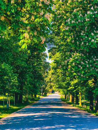 Picturesque Avenue Lined with Blooming Trees and Lush Greenery, Bathed in Sunlight, Providing a Serene and Refreshing Environment Ideal for Strollingの写真素材