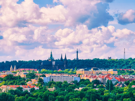 Prague, Czech Republic. Panoramic view of the Old Town and St. Vitus Cathedral.の写真素材