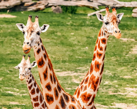 Elegant Giraffe Family Portrait: Majestic Trio in Natural Habitat - Perfect for Wildlife Photography and Nature Appreciation. Three-Headed Giraffe: Enchanting Wildlife Portraitの写真素材