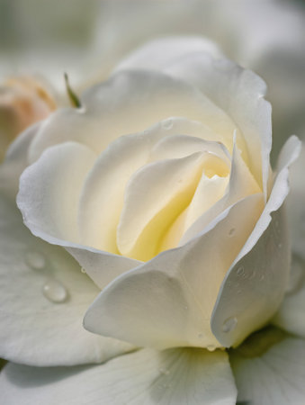 White rose with water droplets on petals, close-upの写真素材