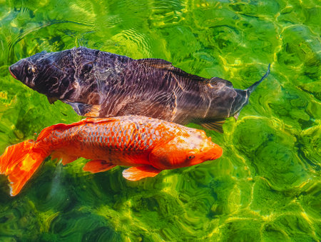 Koi fish swimming in the pond. Colorful fish swimming in the pond.の写真素材