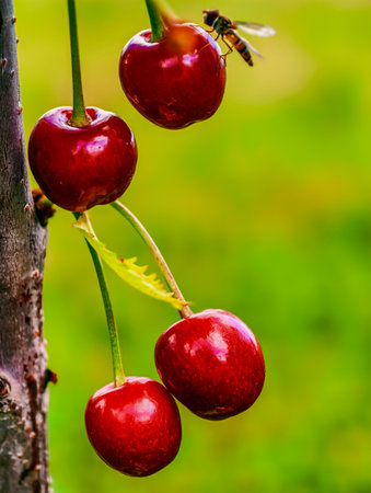 Fresh Cherries on the Tree with Bee. Vibrant Fruit Background Ideal for Culinary Blogs, Nature Lovers, and Organic Marketingの写真素材