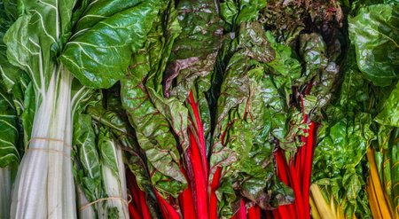 Close up of fresh chard for sale at local farmers market.