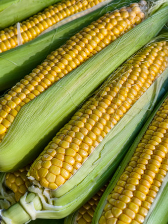 Close up of fresh corn on cobs for sale at farmers market