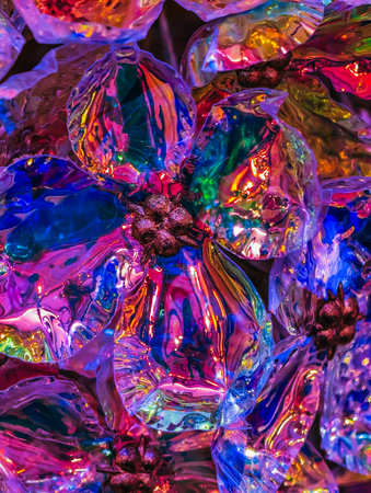 Colorful glass Christmas ornaments in the form of a flowerの写真素材