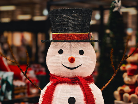 Snowman with a black hat and a red scarf on the background of Christmas decorationsの写真素材