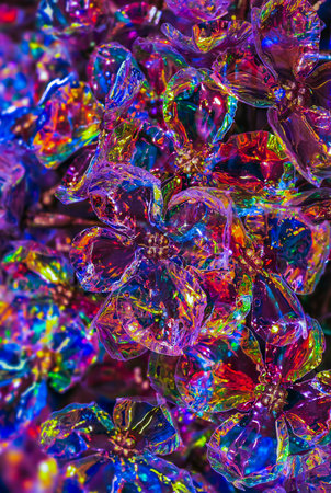 Macro shot of colorful glass beads in the shape of a flowerの写真素材