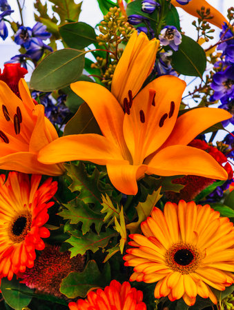 Beautiful bouquet of flowers in vase, close-upの写真素材