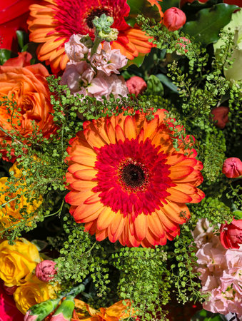 Orange gerbera daisy flower bouquet with roses and carnationsの写真素材