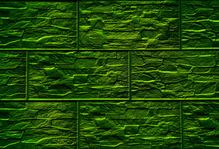 Green Stone Wall Texture Neon LED Lighting Effect Modern Architecture Background Turquoise Brick...