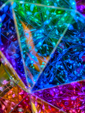 Vibrant neon lights installation with blue, green, and orange glowing wires and a futuristic abstract texture background. Vertical gradient wallpaperの写真素材