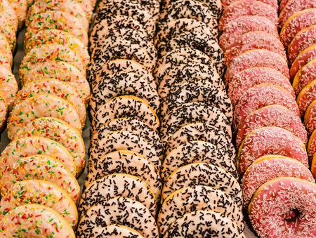 Assorted Glazed Donuts Display Colorful Sprinkles Variety Bakery Shop Window Sweet Treats Breakfast Pastries Food Photography Pink Black Whiteの写真素材