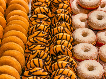 Variety Donuts Display Powdered Sugar Chocolate Drizzle Cinnamon Sugar Fresh Bakery Assortment Sweet Breakfast Treats Colorful Food Photographyの写真素材