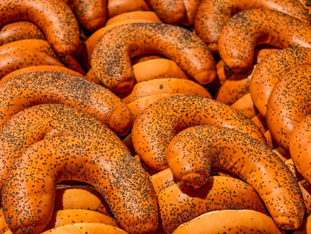 Crescent Poppy Seed Bread Rolls â Rustic Food Background, Fresh Baked Goods for Culinary Useの写真素材