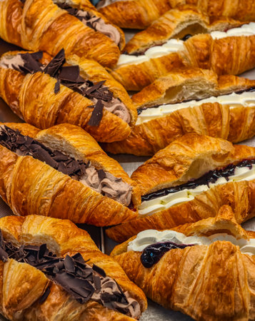Fresh Croissants Variety Display Chocolate Cream Filled Pastries Bakery Shop French Viennoiserie Breakfast Food Background Flaky Layered Goldenの写真素材