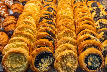 Danish Pastries Assortment Sweet Rolls With Poppy Seed Cheese Filling Bakery Display Food Background Breakfast Pastries Colorful Swirl Treatsの写真素材