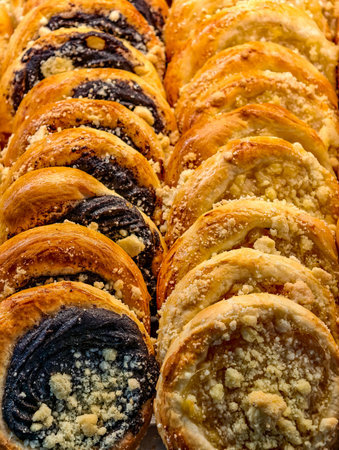 Danish Pastries Assortment Sweet Rolls With Poppy Seed Cheese Filling Bakery Display Food Vertical Photo Breakfast Pastries Colorful Swirl Treatsの写真素材