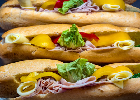 Fresh Submarine Sandwich Baguette Ham Cheese Lettuce Peppers Deli Food Photography Lunch Meal...