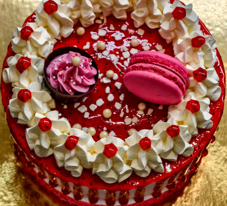 Red Velvet Celebration Cake with French Macarons, Cherries and Whipped Cream Rosettes for Special...
