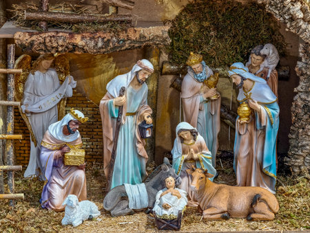 Nativity Scene Christmas Display with Baby Jesus, Three Wise Men, Holy Family and Animals in Traditional Manger Settingの写真素材
