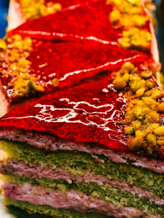 Layered Pastry with Red Glaze and Pistachios Vertical Photo Gourmet Dessert Close-Up High Resolution Food Wallpaper Background.の写真素材