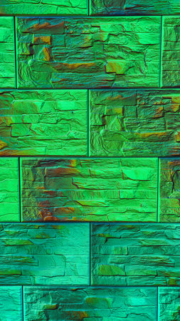 Neon Green Holographic Stone Brick Wall Pattern - 8K Ultra High-Resolution Vertical Wallpaper...