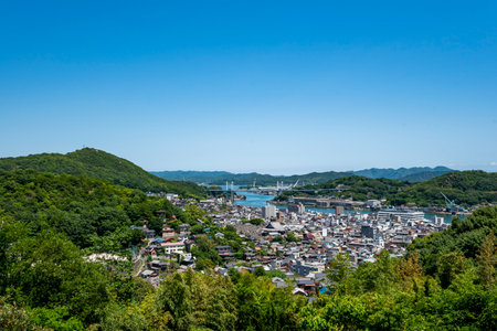 Cityscape of Onomichi Viewed from the Senkoji Summit Observatory, Onomichi City, Hiroshima Prefecture, Japanの写真素材