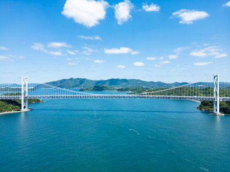 Innoshima Bridge Captured by Drone, Onomichi City, Hiroshima Prefecture, Japanの写真素材
