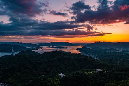 Sunset over the Seto Inland Sea Viewed from Takamiyama Observatory, Onomichi City, Hiroshima Prefecture, Japanの写真素材