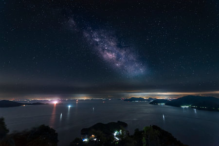 Islands of the Seto Inland Sea and the Milky Way Viewed from Takamiyama Observatory, Onomichi City,...