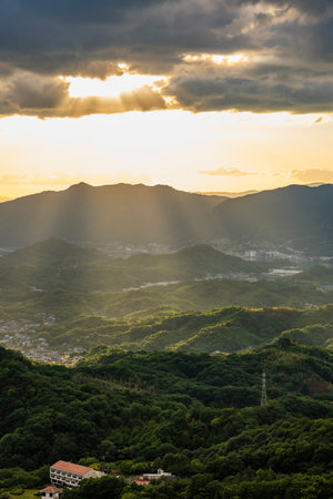 Onomichi City Illuminated by the Setting Sun, Viewed from Takamiyama Observatory, Onomichi City, Hiroshima Prefecture, Japanの写真素材