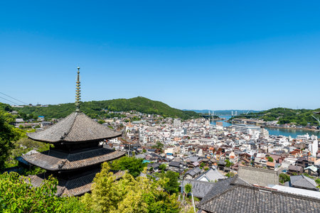 Tenneiji Temple Three-Story Pagoda and Cityscape of Onomichi, Onomichi City, Hiroshima Prefecture, Japanの写真素材