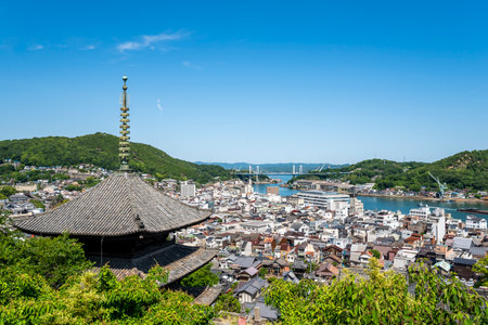 Tenneiji Temple Three-Story Pagoda and Cityscape of Onomichi, Onomichi City, Hiroshima Prefecture, Japanの写真素材
