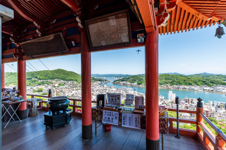 Cityscape of Onomichi Viewed from the Main Hall of Senkoji Temple, Onomichi City, Hiroshima Prefecture, Japanの写真素材