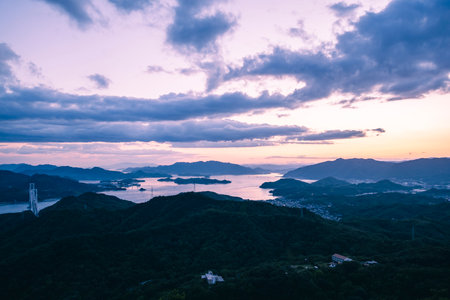 Sunset over the Seto Inland Sea Viewed from Takamiyama Observatory, Onomichi City, Hiroshima Prefecture, Japanの写真素材