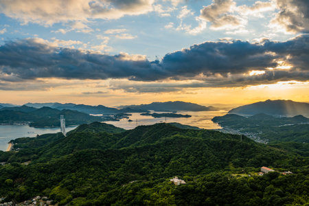 Sunset over the Seto Inland Sea Viewed from Takamiyama Observatory, Onomichi City, Hiroshima...