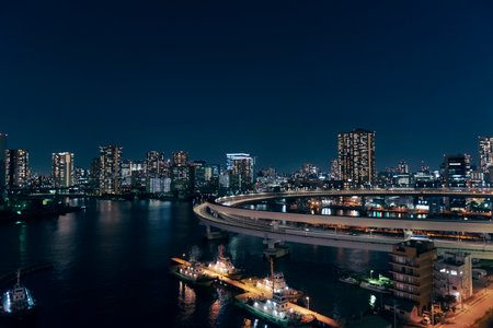 Loop Bridge and Shinagawa Night View Seen from Rainbow Bridge, Minato City, Tokyo, Japan