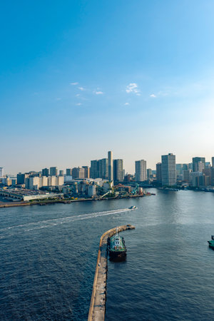 Loop Bridge and Shinagawa Skyline Viewed from Rainbow Bridge, Minato City, Tokyo, Japanの写真素材