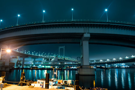 Night View of Shibaura Loop Bridge and Rainbow Bridge, Kaigan, Minato City, Tokyo, Japan